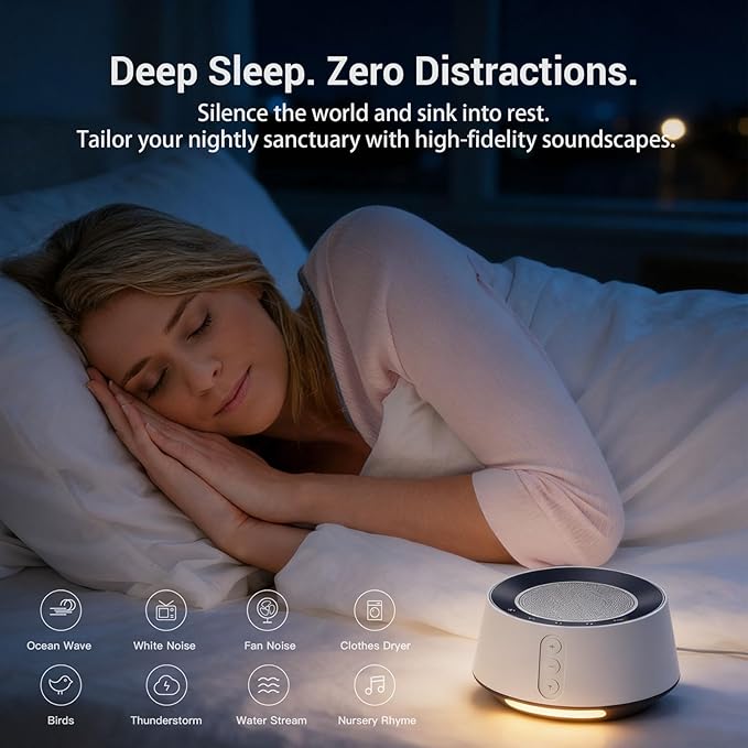 White Noise Sound Machine with 20 Soothing Sounds, 10 Colors Night Light Sleep Machines Home Office Travel, 5 Timers and Memory Feature Sound Machine for Nursery Baby Kids Adults (White)