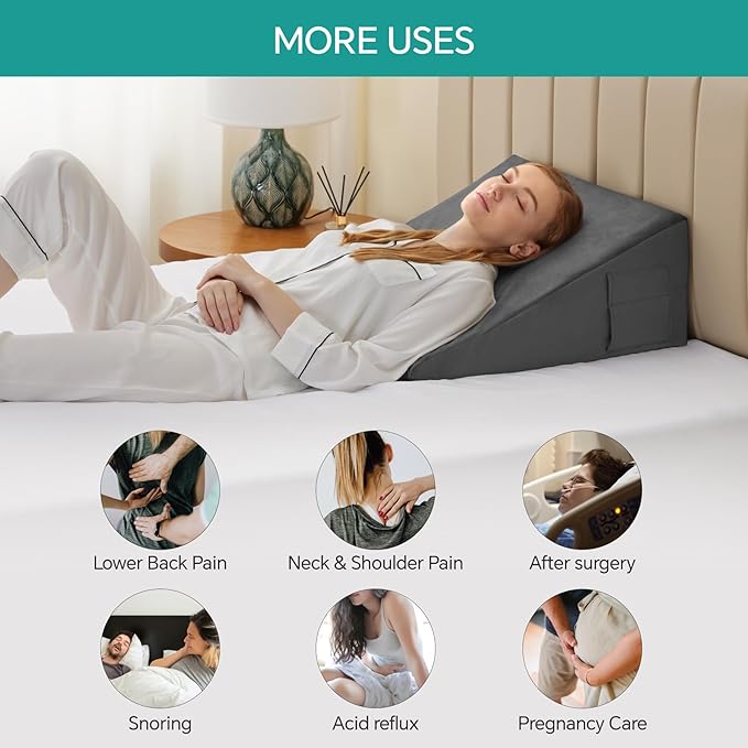 Bedluxe Wedge Pillow, 12 inch Bed Wedge Pillow for Headboard, Pillow Wedge for Acid Reflux Relief, Sleeping, After Surgery, Snoring, Gerd, Triangle Pillow Wedge - Cooling Memory Foam Top, Plush Grey