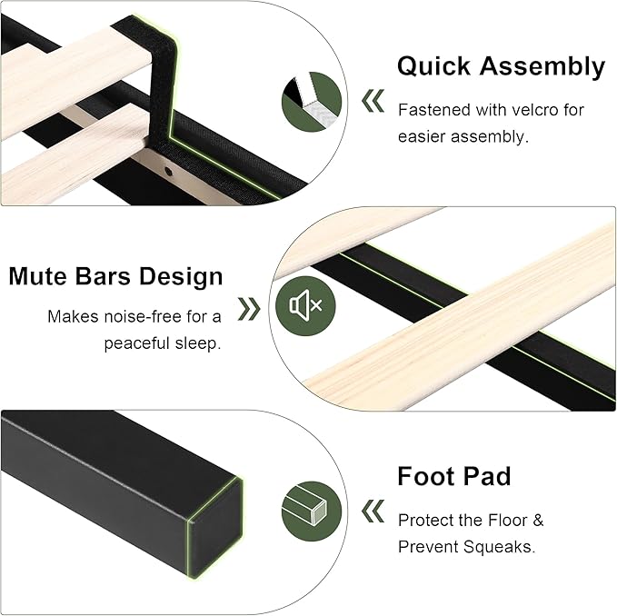 Feonase Queen Platform Bed Frame, Fabric Upholstered Queen Bed Frame, Solid Wood Slats & Heavy Duty Feet Support, No Box Spring Needed, Noise-Free, Easy Assembly, Black