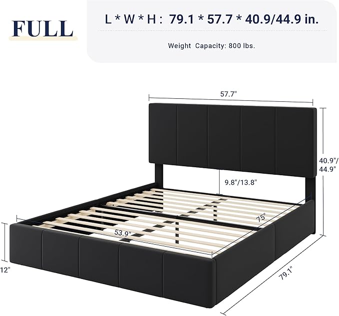 Allewie Full Size Dutch Velvet Upholstered Platform Bed Frame/Vertical Channel Tufted Adjustable Headboard/Low Profile Bed Frame/No Box Spring Needed/Easy Assembly/Black