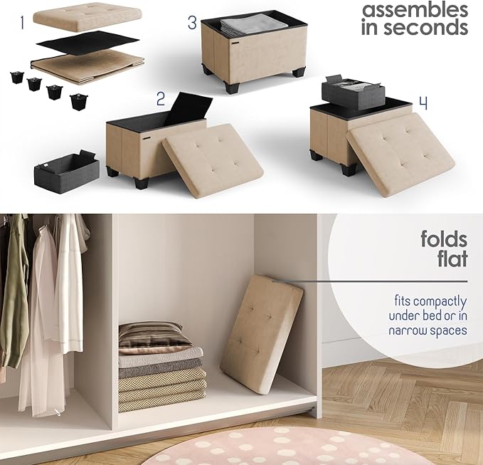 Storage Ottoman Cube with Small Bin, 16-in Square Ottoman with Storage for Living Room and Bedroom, Small Ottomans Foot Rest, Velvet Foot Stools Ottomans Max 330lbs, Taupe