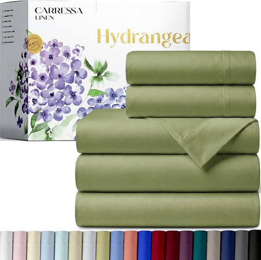 Carressa Linen 100% Egyptian Cotton Split King Sheets Sets for Adjustable Bed - 600 Series Hydrangeas Collection 5 PC Sage Green Top Split King Sheets, 16" Deep Pocket Sheet for Adjustable Bed