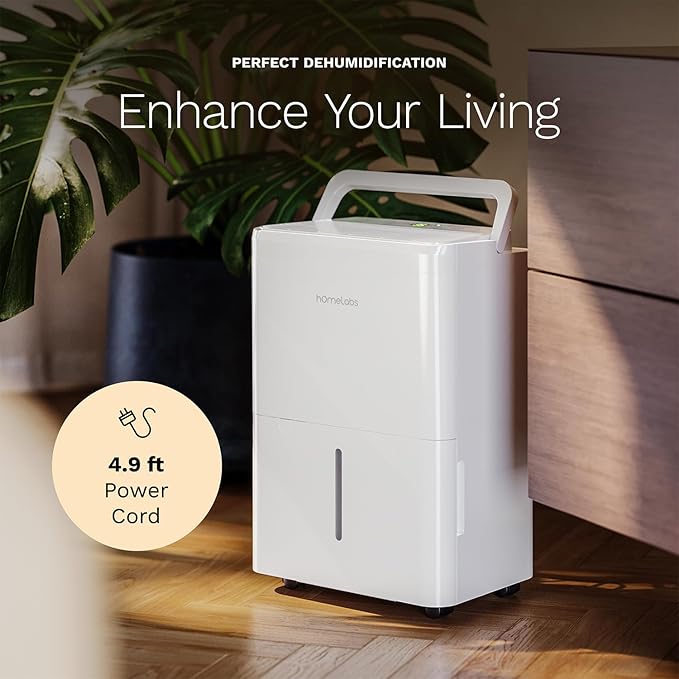 hOmeLabs Dehumidifier 1,800 Sq Ft Wi-Fi (8 Pint MAX 24 Pint at 95°F, 90% RH) for Advanced Humidity & Moisture Control, Quiet, Efficient, Auto Shut-off, Ideal for Home, Basement, Office