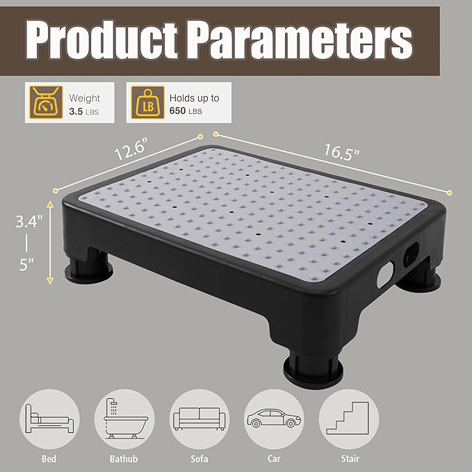 CHIKILLA Adjustable Step Stool for High Beds and Cars, 650lbs Heavy Duty Bed Step for Elderly, Non-Slip Mobility Platform for Bathtub, Kitchen, SUV, 4 Height Levels 3.4-5" Portable Stair Assist, Gray