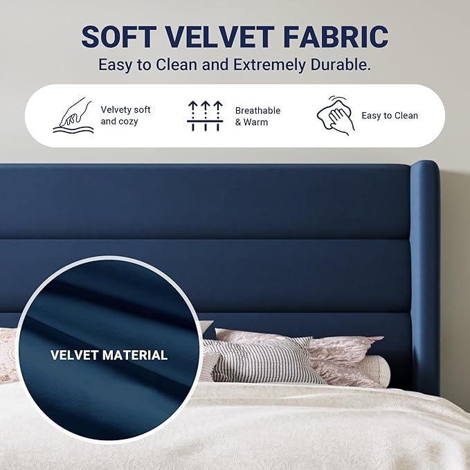 Allewie Queen Size Platform Bed Frame with Velvet Upholstered Wingback Headboard, No Box Spring Needed, Under Bed Storage Space, Wooden Slats, Modern Mattress Foundation, Easy Assembly, Blue