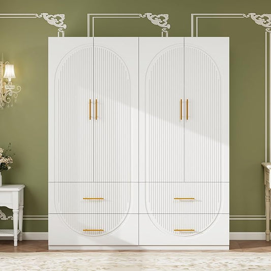 Wardrobe Armoire Closet with 4 Door Shelves 4 Drawers and Hanging Rod Wooden Storage Cabinet for Bedroom White Tall Armoire Wardrobe