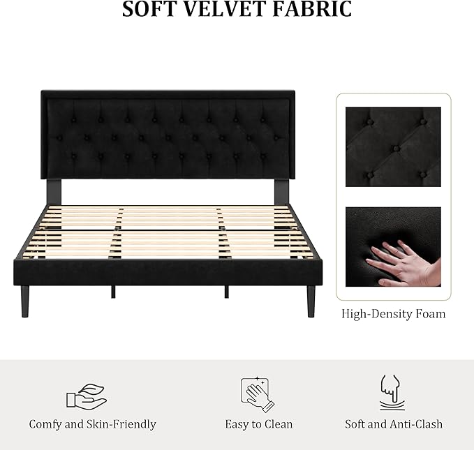 CXVX King Size Platform Bed Frame with Upholstered Velvet Button Tufted Headboard, Mattress Foundation with Wooden Slat Support, No Box Spring Needed, Easy Assembly, Noise Free, Black.