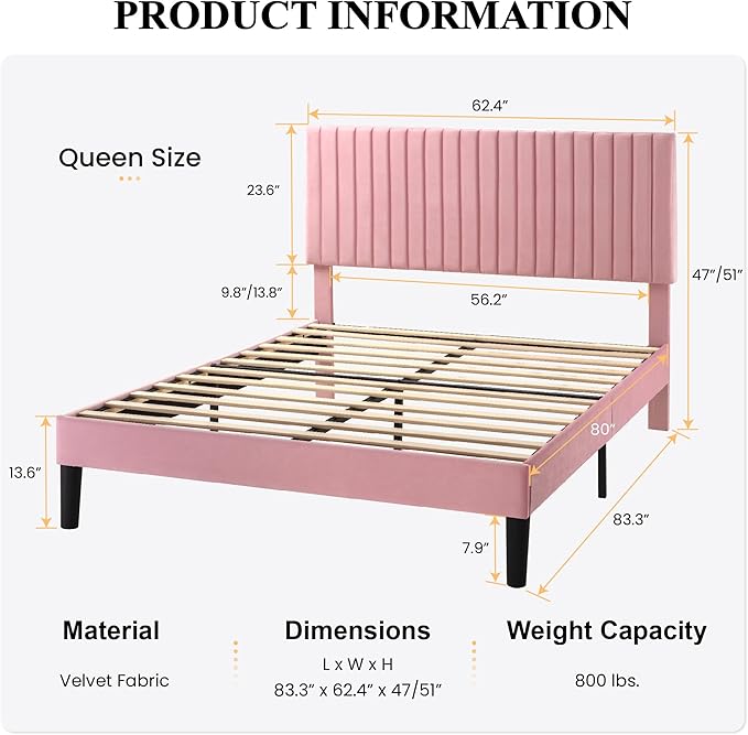 SHA CERLIN Queen Upholstered Platform Bed Frame with Adjustable Headboard/Vertical Channel Tufted Velvet Fabric/Wooden Slats Support/Mattress Foundation/Box Spring Optional/Pink