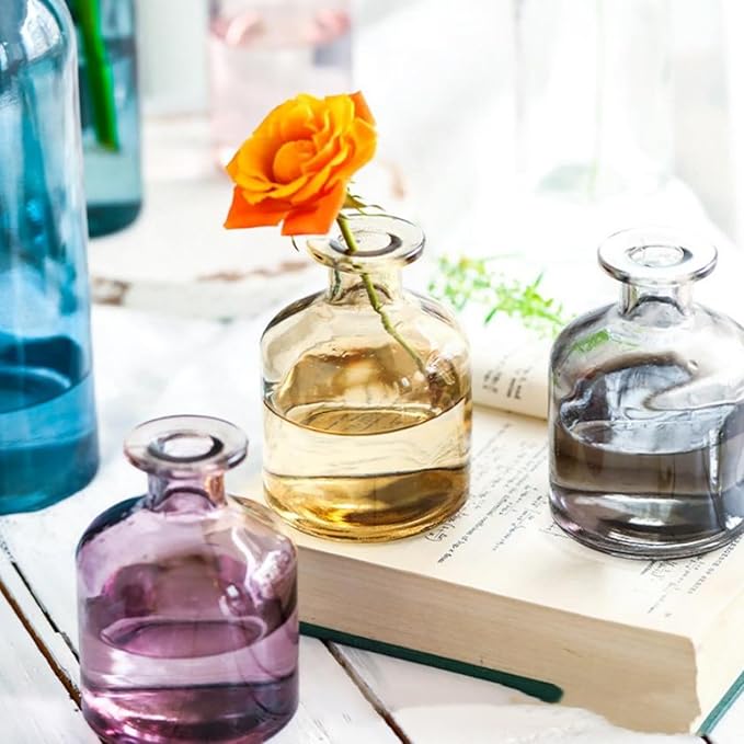 Glass Bud Vase Empty Glass Diffuser Bottles Refillable Aromatherapy Jars Small Vases for Flowers Vases Centerpiece for Wedding Home Essential Oils Office Table Decor (Clear-1)