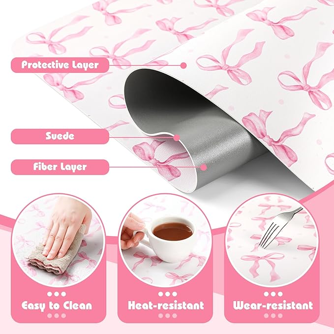 Teenyyou Coquette Bow Makeup Mat for Vanity Top Protector Graduation Gift Dual Side Leather Desk Mouse Pad Girly Waterproof Nonstick Dressing Accessories for Women Home Office(Pink,15.7"x31.5")