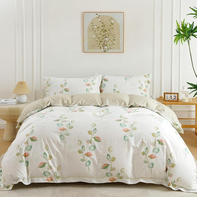 OAITE Duvet Cover Set Queen Size Floral Pattern Ultra Soft 100% Cotton Duvet Cover Sets 3-PC, Breathable Duvet Cover with Zipper Closure & Corner Ties(2 Pillow Shams,1 Duvet Cover)