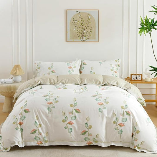 OAITE Duvet Cover Set Queen Size Floral Pattern Ultra Soft 100% Cotton Duvet Cover Sets 3-PC, Breathable Duvet Cover with Zipper Closure & Corner Ties(2 Pillow Shams,1 Duvet Cover)