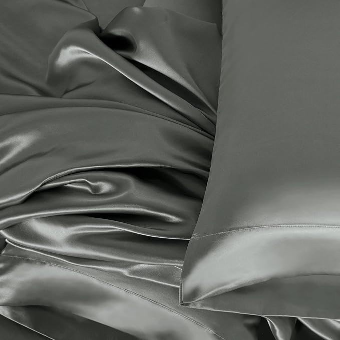 Homiest 4pcs Satin Sheets Set Luxury Silky Satin Bedding Set with Deep Pocket, 1 Fitted Sheet + 1 Flat Sheet + 2 Pillowcases (Full Size, Dark Grey)