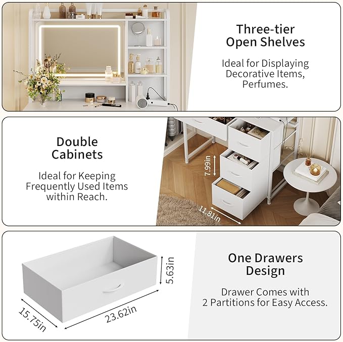 GarveeHome Vanity Desk with Mirror, 35.4” Makeup Vanity Table with Shelves, 4 Fabric Drawers Storage, Modern Dressing Table for Bedroom, Gift for Women
