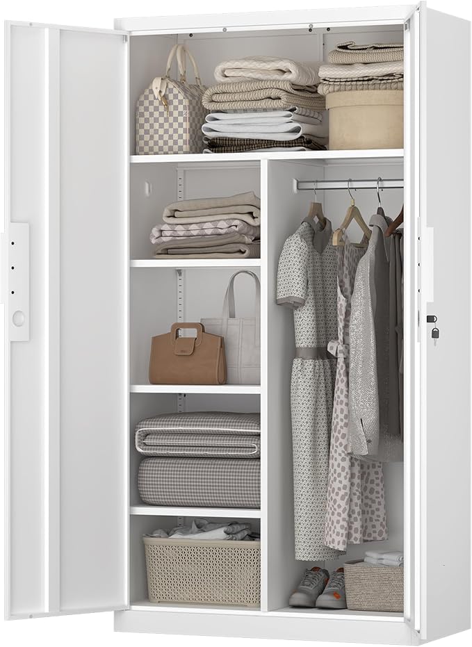 IRONFFICE Metal Wardrobe Closet,Lockable Clothing Storage Cabinet with Adjustable Shelves,Armoire Wardrobe Closet,Steel Wardrobe Armoire for Bedroom,Home,White