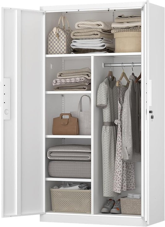 IRONFFICE Metal Wardrobe Closet,Lockable Clothing Storage Cabinet with Adjustable Shelves,Armoire Wardrobe Closet,Steel Wardrobe Armoire for Bedroom,Home,White