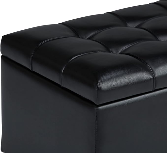 SIMPLIHOME Sienna Storage Ottoman Bench - 33 inch Wide Upholstered Vegan Leather Rectangle Storage Ottoman Bench in Satin Cream, Transitional Tufted Ottoman for Living Room or Entryway with Lift Top