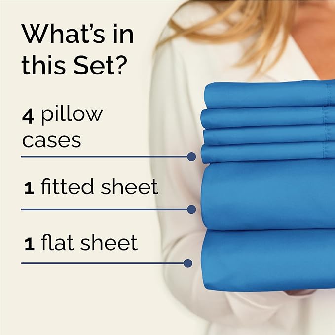 Full 6 Piece Sheet Set - Comfy, Breathable & Cooling - Hotel Luxury Bedding for Women, Men, Kids, Teens & Children - 1 Flat & 1 Fitted Sheet & 4 Pillowcases w/ Deep Pockets - Wrinkle Free - Denim Blue
