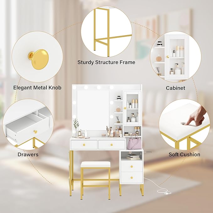 Modern Vanity Desk with HD Mirror and Lights, Makeup Table with 4 Drawers and Glass Cabinet, 3 Lighting Color Adjustable, Girls Dressing for Bedroom