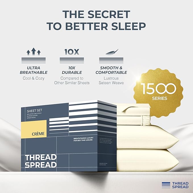 THREAD SPREAD 100% Egyptian Cotton King Size Sheets Set - Luxury 1500 Series Egyptian Cotton Sheets King Size (4 PC, Ivory), Silky Soft, Sateen Weave, Cooling & Breathable, 17" Deep Pocket Bed Set