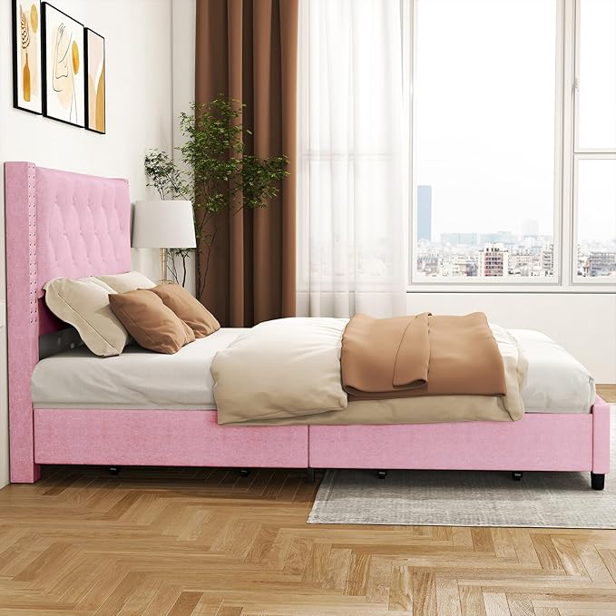 EVLIQUIL Bed Frame Full Size with 4 Storage Drawers, Upholstered Headboard & Frame, Sturdy Metal Frame & Wood Slats, Platform Bed Frame No Box Spring Needed, Easy Assembly, Pink
