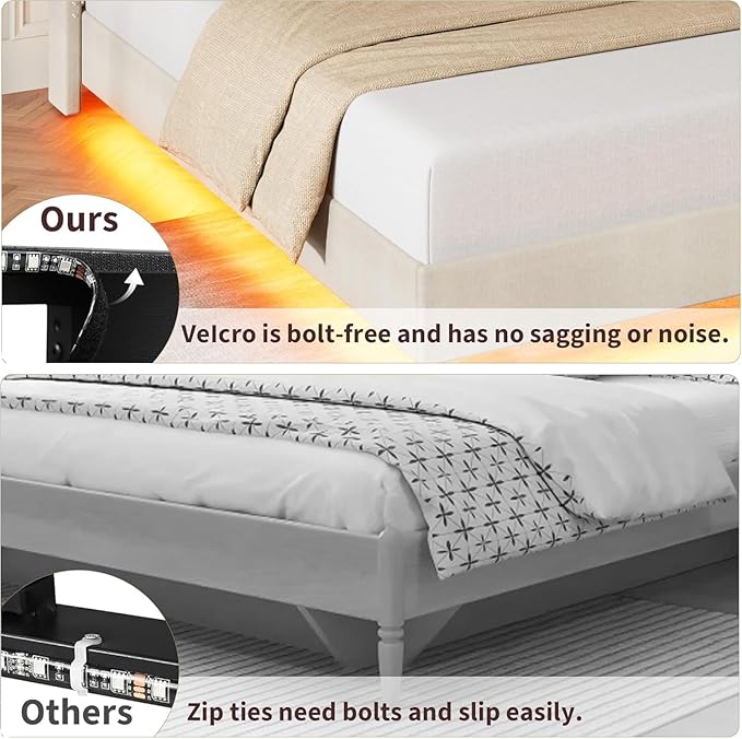Garvee Queen Size Floating Bed Frame with RGB LED Lights and Charging Station, Upholstered Platform Bed with Storage Headboard and Button Tufted Design, No Box Spring Needed, Beige