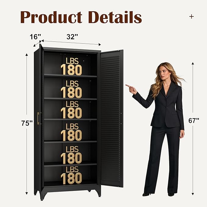 SteeLoong Kitchen Pantry Cabinet,75" Metal Storage Cabinet with Doors and 5 Adjustable Shelves,Black Tall Locker Organizer Steel Garage Cabinets for Tool,File Cabinet for Office,Kitchen,Garage,School