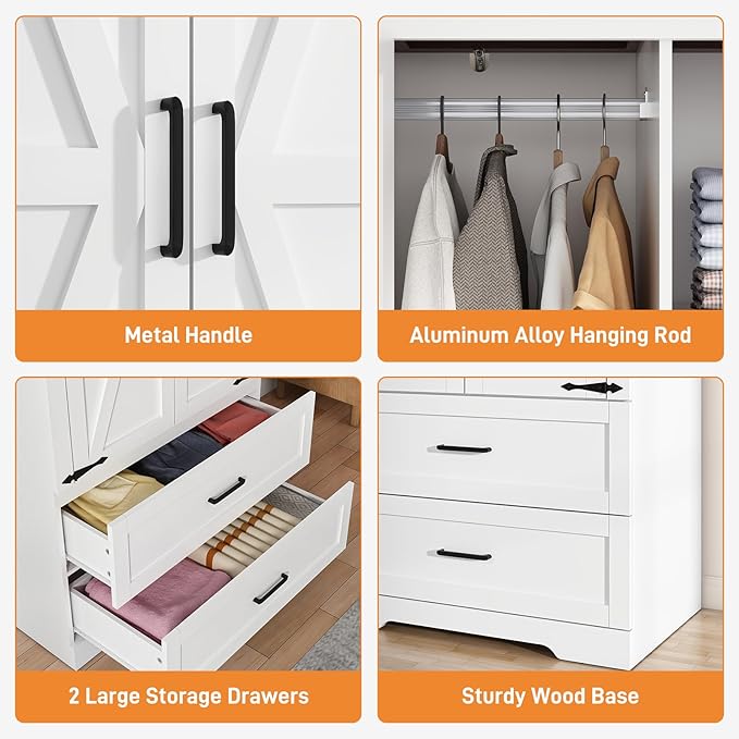 St.Mandyu Farmhouse Wardrobe Armoire Closet with 2 Doors and 2 Drawers, 70.1" Wooden Clothing Storage Cabinet, Freestanding Large Capacity Storage Wardrobe Armoire with Hanging Rod for Bedroom, White