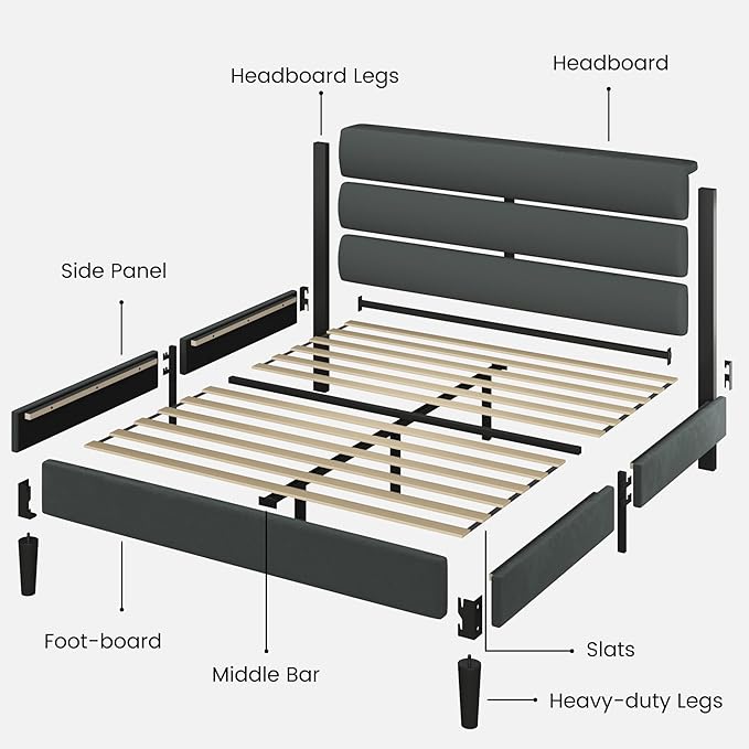Fluest Queen Size Bed Frame, Platform Bed Frame with Velvet Upholstered Headboard, No Box Spring Needed, Sturdy Metal Support, Noise Free, Easy Assembly, Grey