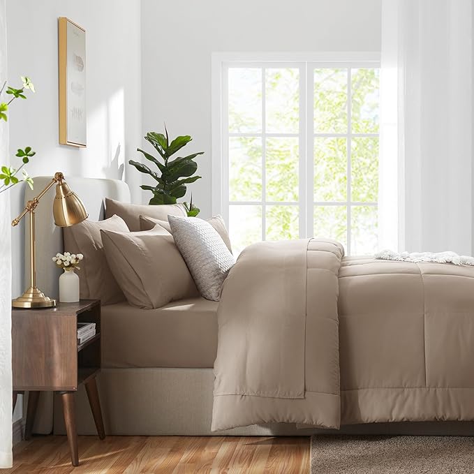 CozyLux Queen Comforter Set Khaki, 7 Pieces Bed in a Bag, Khaki Comforters Queen Size, All Season Bedding Sets with Stitch Quilted Comforter, Flat Sheet, Fitted Sheet, Pillowcases