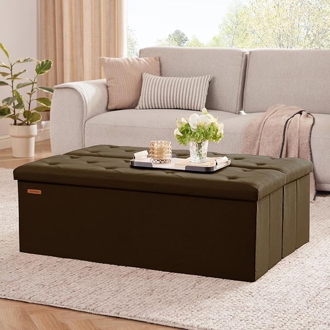 HAUSFRAU Storage Ottoman Bench with Flipping Lid, 43.3 Inches Storage Chest Footsrest, Folding Foot Stool for Entryway, Living Room, Bedroom, Linen Espresso Brown