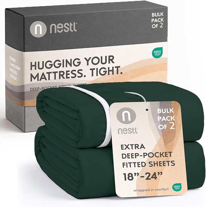 Nestl 2 Pack Forest Green Fitted Sheet Extra Deep Pocket, Hotel Luxury FullFitted Sheet Only Easily Fits 18 to 24 Inch Mattress, Super Soft, Wrinkle-Free and Breathable with Corner Straps