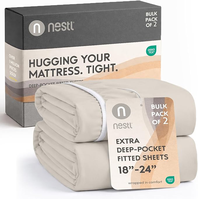 Nestl 2 Pack Linen Fitted Sheet Extra Deep Pocket, Hotel Luxury TwinFitted Sheet Only Easily Fits 18 to 24 Inch Mattress, Super Soft, Wrinkle-Free and Breathable with Corner Straps