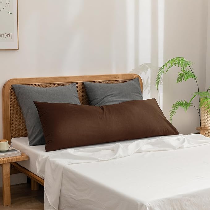 BESTOUCH 100% Washed Cotton Pillowcase for Hair and Skin Linen Feel Soft Comfortable Breathable 1 Pcs Pillow Case with Envelope Closure Solid Cocoa Brown Body 20x54 Inches