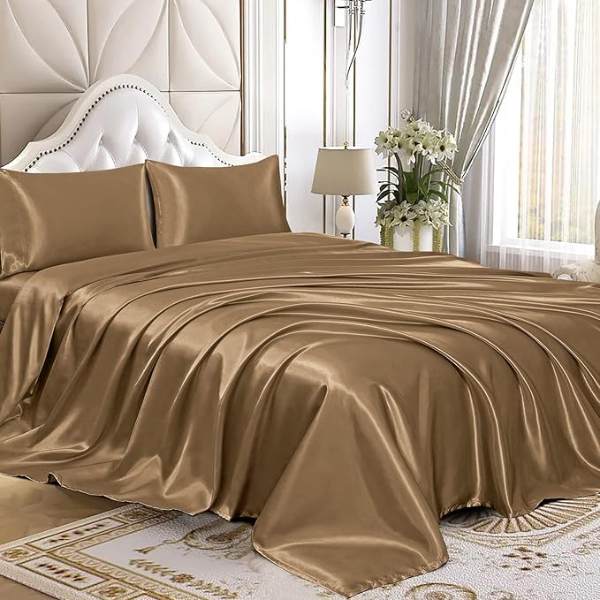 Homiest 4pcs Satin Sheets Set Luxury Silky Satin Bedding Set with Deep Pocket, 1 Fitted Sheet + 1 Flat Sheet + 2 Pillowcases (Full Size, Camel Brown)