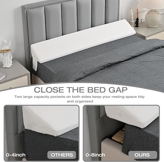 King Size Bed Wedge Pillow Gap Filler/Headboard, Long Triangle Edge Corner Pillows for Bed Gap Filler King Couch Dorm Apartment Home Essentials 10x6x76in, Dense Foam, Pockets, Prevents Things Drops
