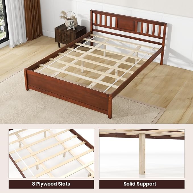 Giantex Queen Size Solid Wood Platform Bed Frame, Mid Century Queen Bed Frame with Headboard, Wood Slat Support, Panel Bed, No Box Spring Needed, Easy Assembly, Walnut