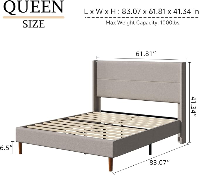 Queen Size Bed Frame, Linen Upholstered Platform with Wingback Headboard, Wooden Slats Support, No Box Spring Needed, Easy Assembly, Beige
