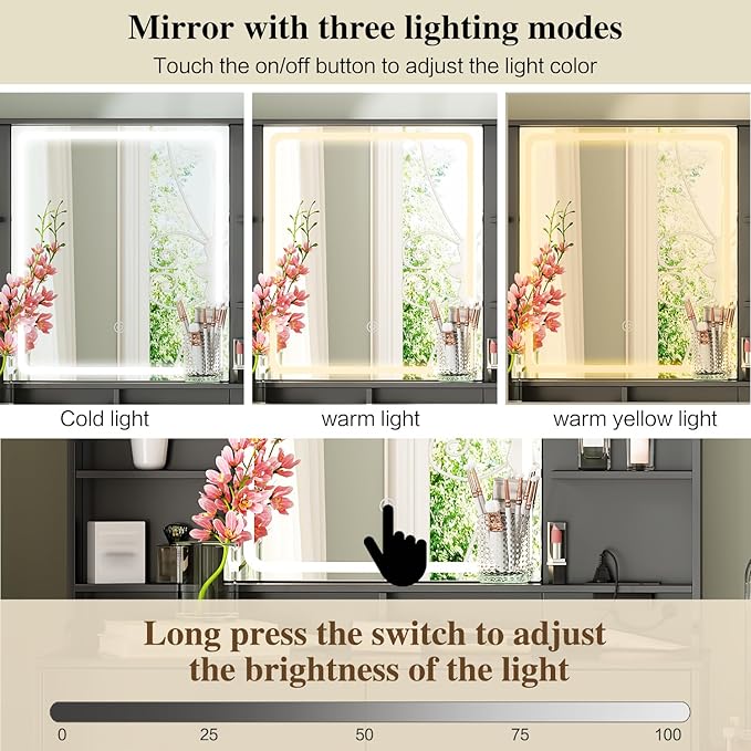 Ieejdn Makeup Vanity Desk with Mirror and Lights, Vanity Desk with 8 Drawers & Storage Shelves, Vanity Table with Power Outlet, 3 Color Modes & Adjustable Brightness Dressing Table, Bedroom,Black