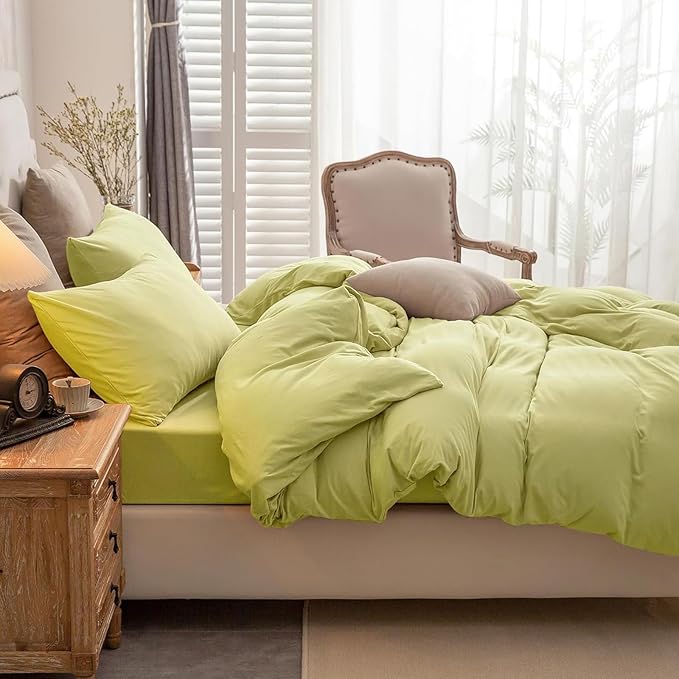 PURE ERA Jersey Knit Duvet Cover Set 100% T-Shirt Cotton Super Soft Comfy 2pc Bedding Set with Zipper Closure (Yellow Green, Twin)