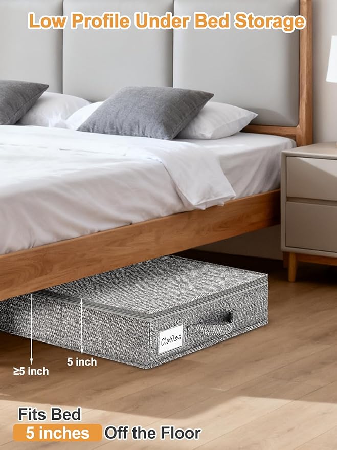 punemi 5 inches High Low Profile Under Bed Storage, Underbed Storage Containers With Sturdy Sidewalls & Bottom, Slim Under Couch Sofa Storage, Shallow Clothes Storage Bins, 2Pack, Grey