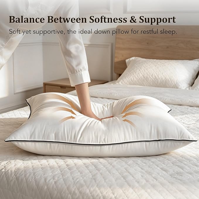 Hotel Collection Down Bed Pillows Standard Size Set of 2, Breathable Cotton Blend Shell Cover,Medium Firm, Down Fiber Pillows for Sleeping - Soft Support for Back, Stomach or Side Sleepers