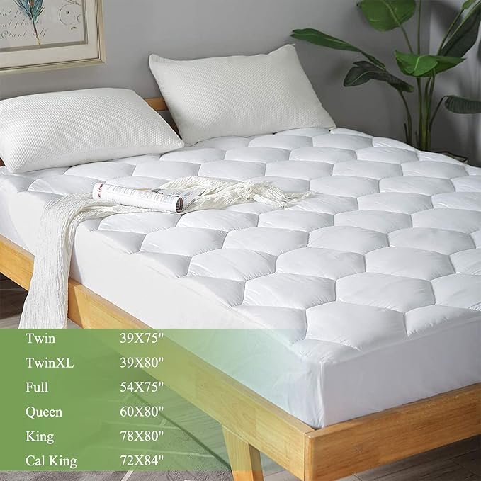 King Mattress Pad, 8-21" Deep Pocket Protector Ultra Soft Quilted Fitted Topper Cover Fit for Dorm Home Hotel -White