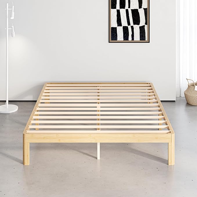 12 Inch High Bamboo Wood Queen Bed Frame Platform, Steel Slat Support Bed Frame Queen Size Foundation, No Box Spring Needed, Easy Assembly, Noise Free, Reinforced