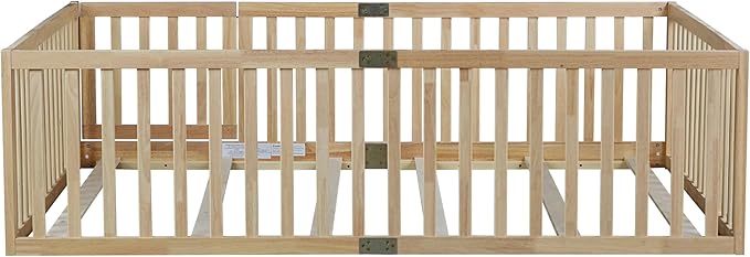 Bellemave Full Size Montessori Floor Bed with 21.5" High Rails, Rubber Wood Full Floor Bed with Slats and Door, Natural