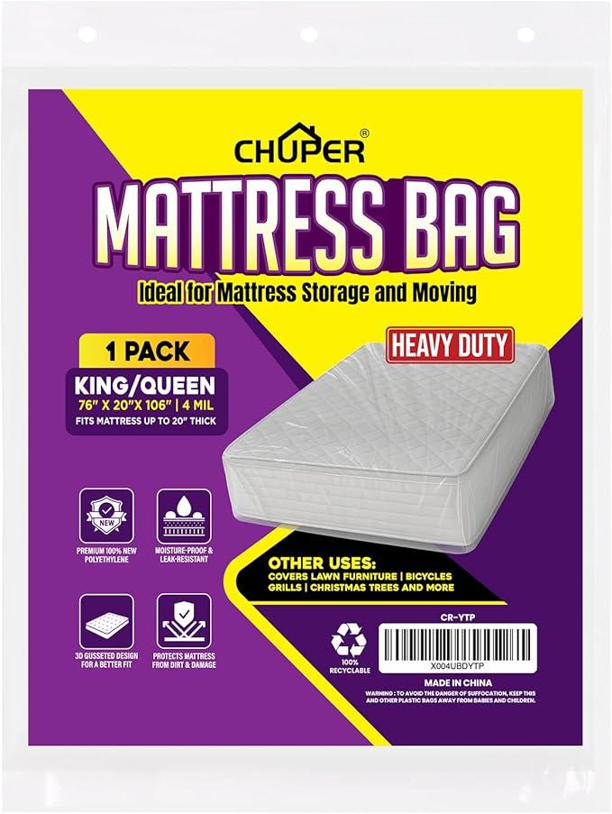 Cal King, King & Queen Mattress Bag for Moving and Storage, 4 Mil Oversized Extra Long Extra Thick Tear-Resistant Clear Mattress Cover, Up to 20” Thick, 76” x 106” x 20”, 1 Pack