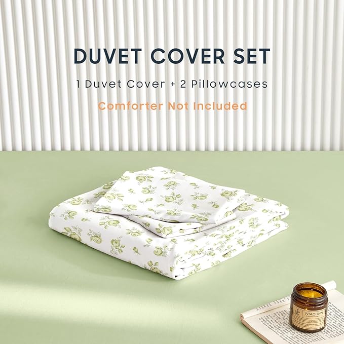 Wake In Cloud - Coquette Duvet Cover Set, Floral Cottagecore Flower Shabby Chic Cute Aesthetic, Soft Lightweight Bedding for Women Teen Girls, 3-Piece, White Green, Twin/Twin XL Size