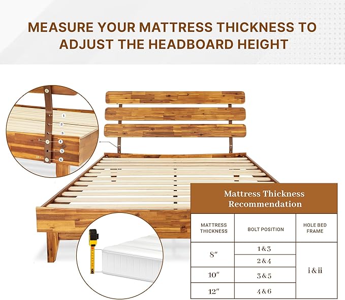 Bme Caden 15 Inch Deluxe Bed Frame with Adjustable Headboard - Mid Century, Retro Style with Acacia Wood - No Box Spring Needed - 12 Strong Wood Slat Support - Easy Assembly - Caramel, Queen