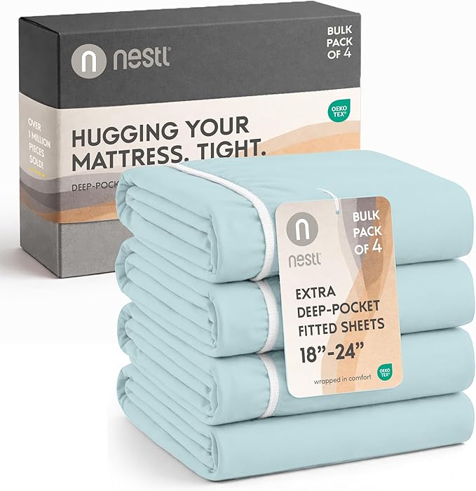 Nestl 4 Pack Light Blue Fitted Sheet Extra Deep Pocket, Hotel Luxury Cal King Fitted Sheet Only Easily Fits 18 to 24 Inch Mattress, Super Soft, Wrinkle-Free and Breathable with Corner Straps