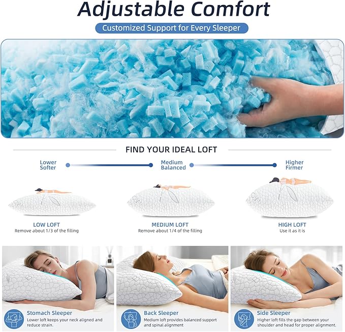Yettbea Adjustable Shredded Memory Foam Pillows Queen Size Set of 2, Luxury Bamboo Cooling Pillow w/Washable Zippered Cover, Soft or Firm Support Bed Pillow for Side, Back, Stomach Sleeper